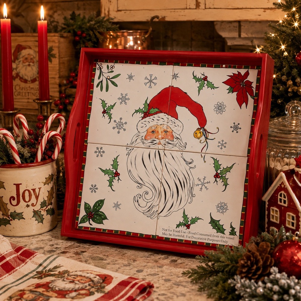Vintage JCPenney Santa Tile Tray Christmas Decor Red Wood Holiday Display